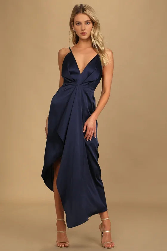 Robes de soirée Weitese pour femmes, Caught Feelings, robe à volants en satin bleu marine, sans manches, bretelles spaghetti, robes de bal, magasins